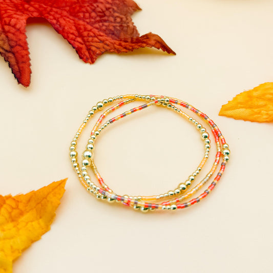Fall Harvest | 18k gold filled with orange, brown & red bracelet stack | beaded stretch bracelet | tiny bead | seed bead | bracelet set