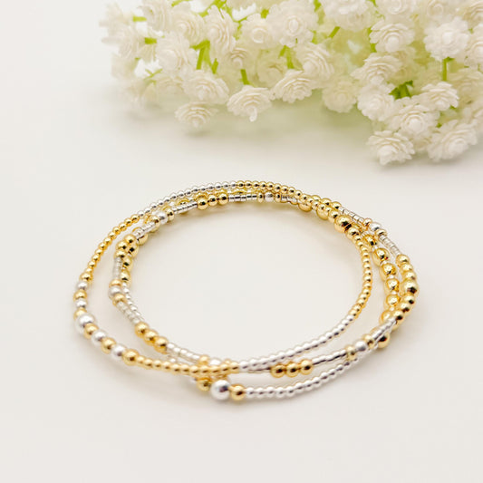 Mixed Metals 2.0 | 18k gold filled with sterling silver and silver seed beads | beaded stretch bracelet | tiny bead bracelet | bracelet set