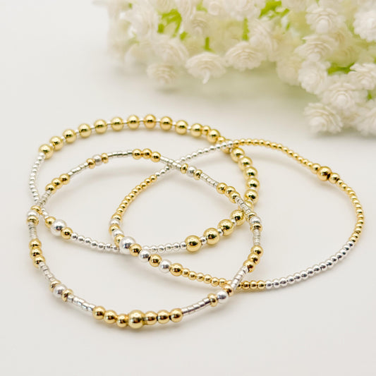 Mixed Metals 2.0 | 18k gold filled with sterling silver and silver seed beads | beaded stretch bracelet | tiny bead bracelet | bracelet set