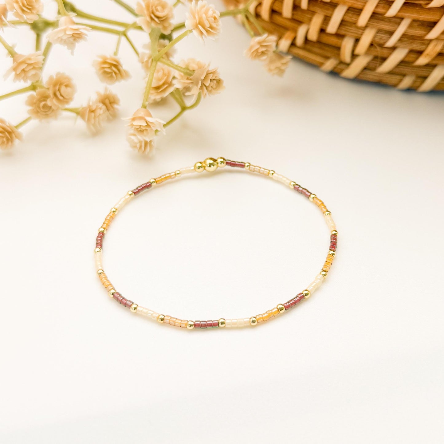 Maple | 18k gold filled with cream and brown bracelet stack | beaded stretch bracelet | tiny bead bracelet | seed bead | fall set