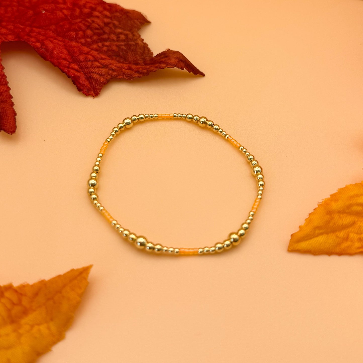 Fall Harvest | 18k gold filled with orange, brown & red bracelet stack | beaded stretch bracelet | tiny bead | seed bead | bracelet set