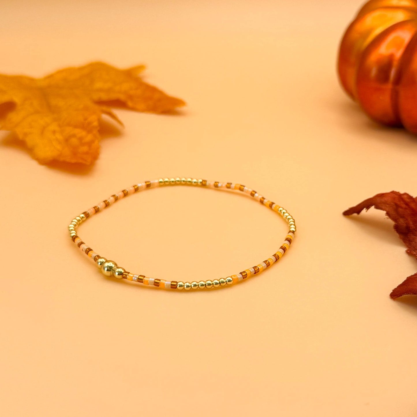 Pumpkin Spice | 18k gold filled with orange and brown bracelet stack | beaded stretch bracelet | tiny bead bracelet | seed bead | autumn