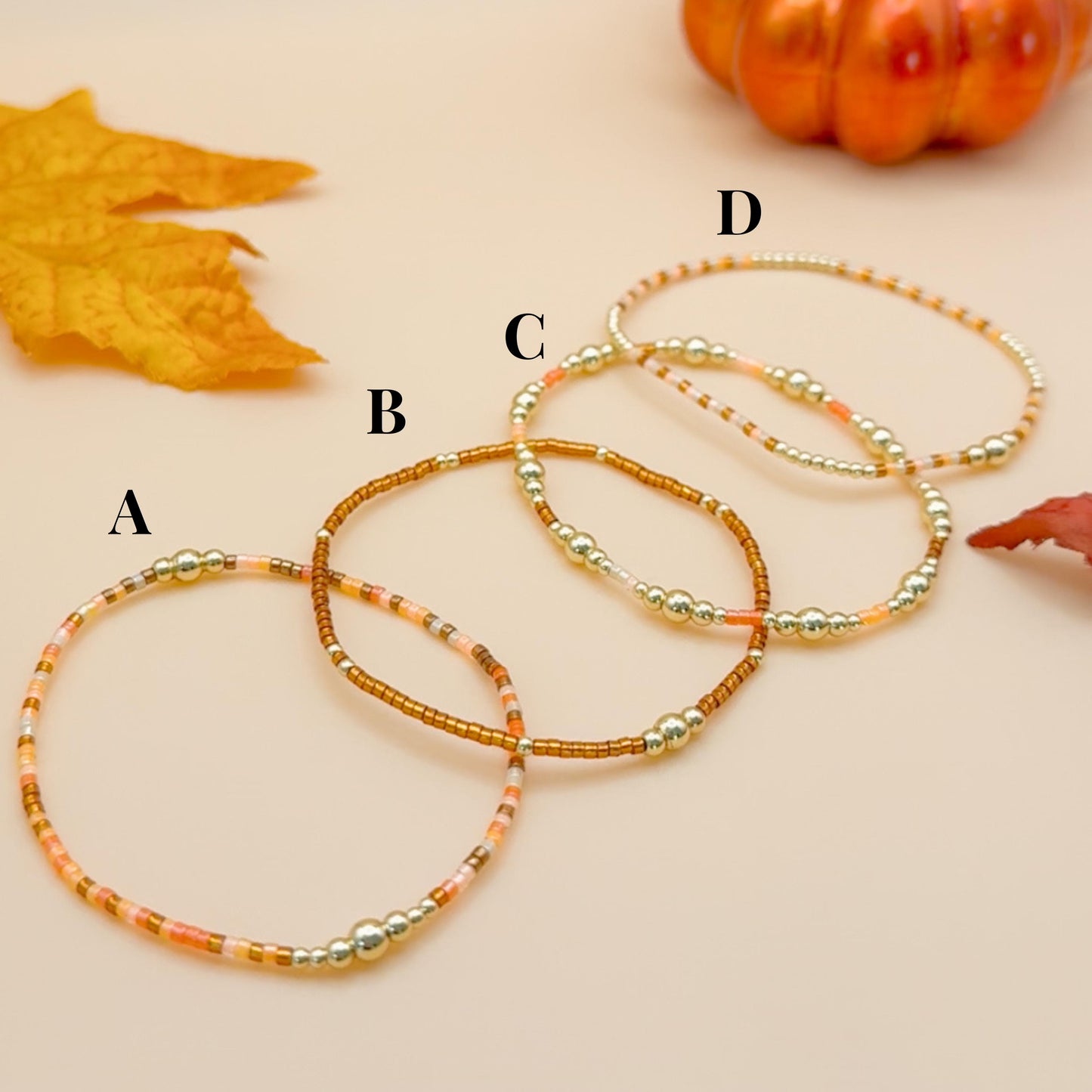 Pumpkin Spice | 18k gold filled with orange and brown bracelet stack | beaded stretch bracelet | tiny bead bracelet | seed bead | autumn