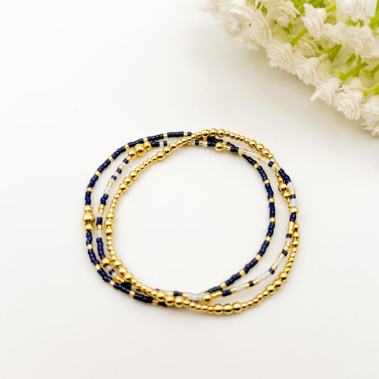 Navy Beaded 3 Piece Stack| 18k Gold Filled Navy Seed Bead Bracelet Stack| Tiny Bead Bracelet