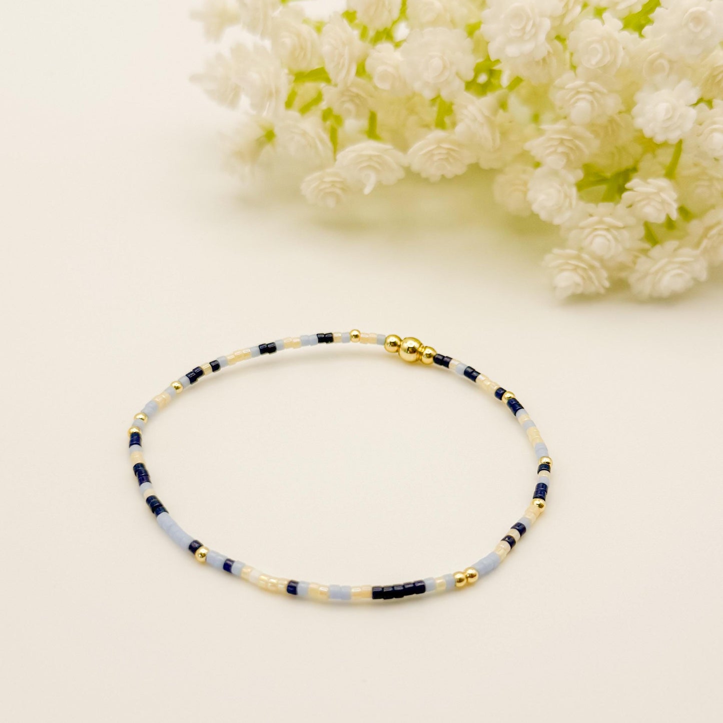 Twinkle| 18k gold filled with light blue and navy bracelet stack | beaded stretch bracelet | tiny bead bracelet | seed bead | gift set