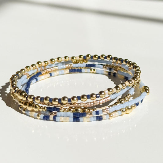 Twinkle | 18k Gold Filled with Light Blue and Navy Bracelet Stack | Beaded Stretch Bracelet | Tiny Bead Bracelet | Seed Bead