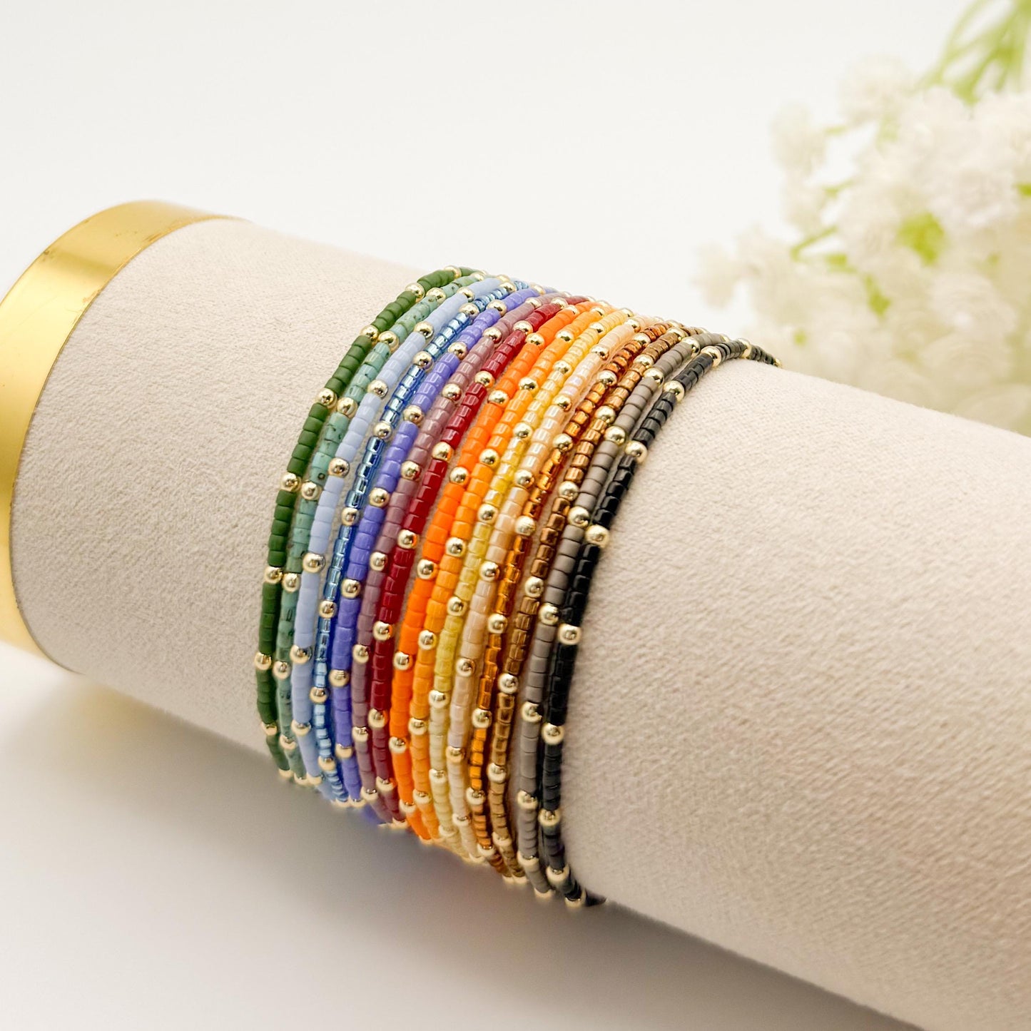 Fall seed bead stacking bracelet | 18k gold filled with colorful tiny beads | beaded stretch bracelet | seed bead | stackable stretch