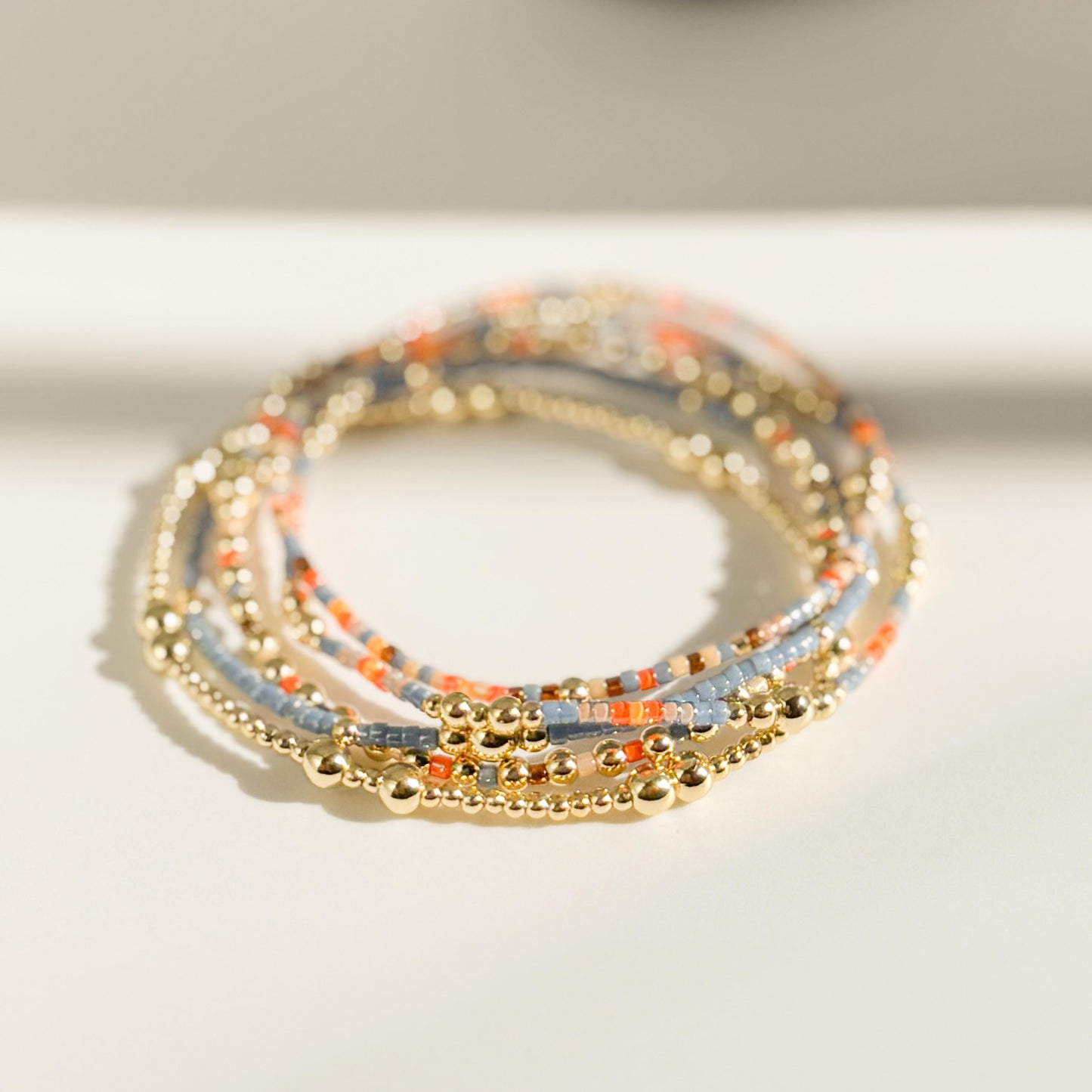 Denim | 18k gold filled with orange and blue bracelet stack | beaded stretch bracelet | tiny bead bracelet | seed bead | gift set