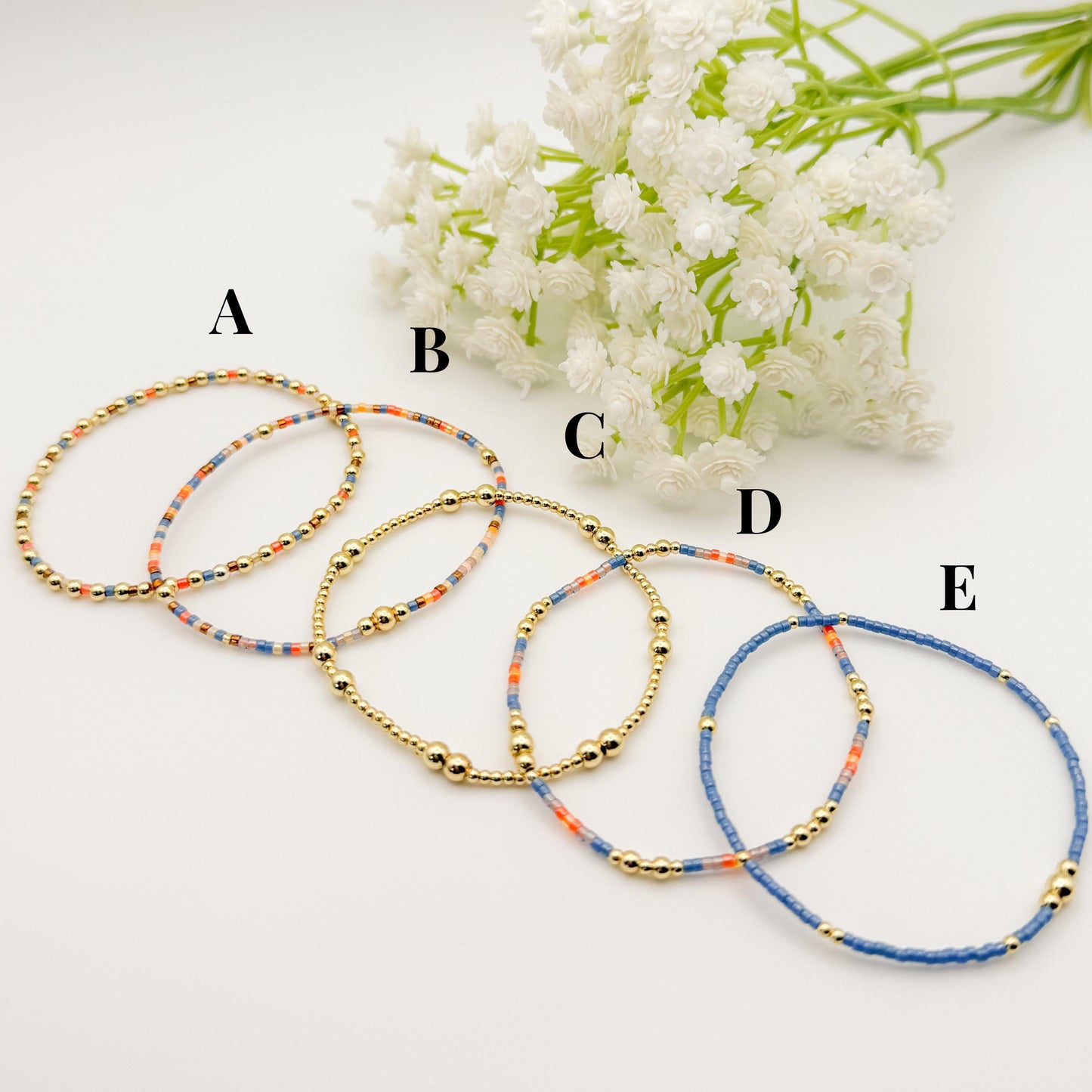 Denim | 18k gold filled with orange and blue bracelet stack | beaded stretch bracelet | tiny bead bracelet | seed bead | gift set