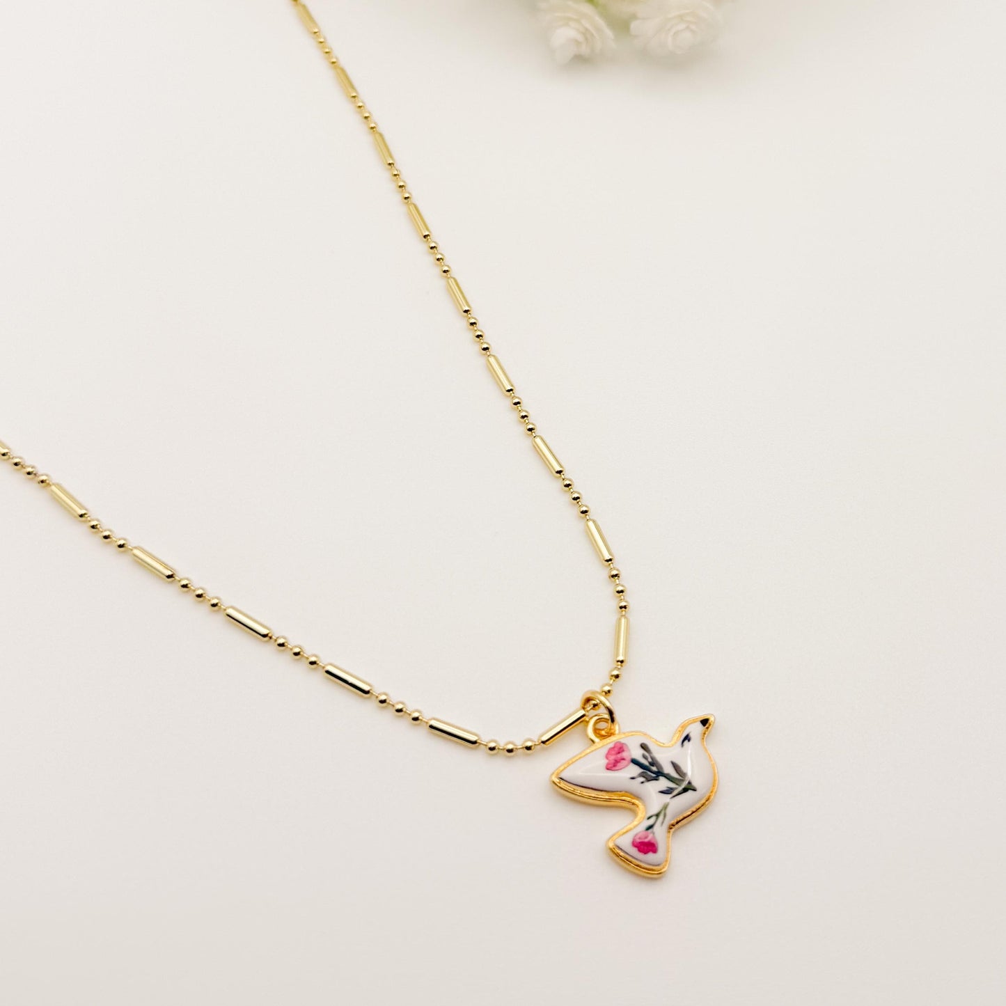 Soar the Skies Necklace | Chain Necklace with Bird Charm | Floral Bird | Porcelain | 18k Gold Filled | Blue | Pink | Cute Pendant Necklace
