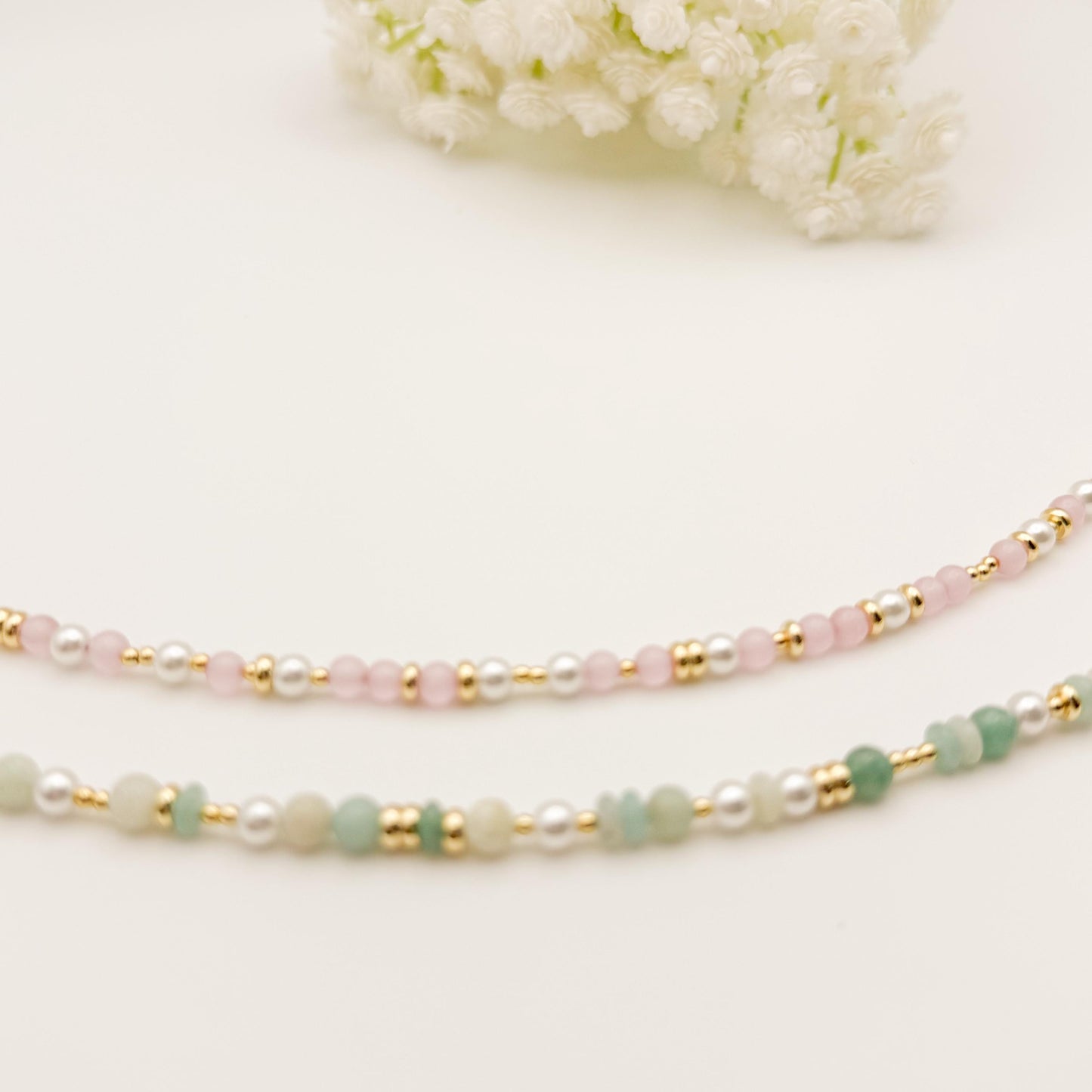 Sage and Rose | Beaded Stone Bracelet | 18k Gold filled Bracelet | Gemstone with pearl | Pearl Bracelet | assorted pattern | clasp bracelet