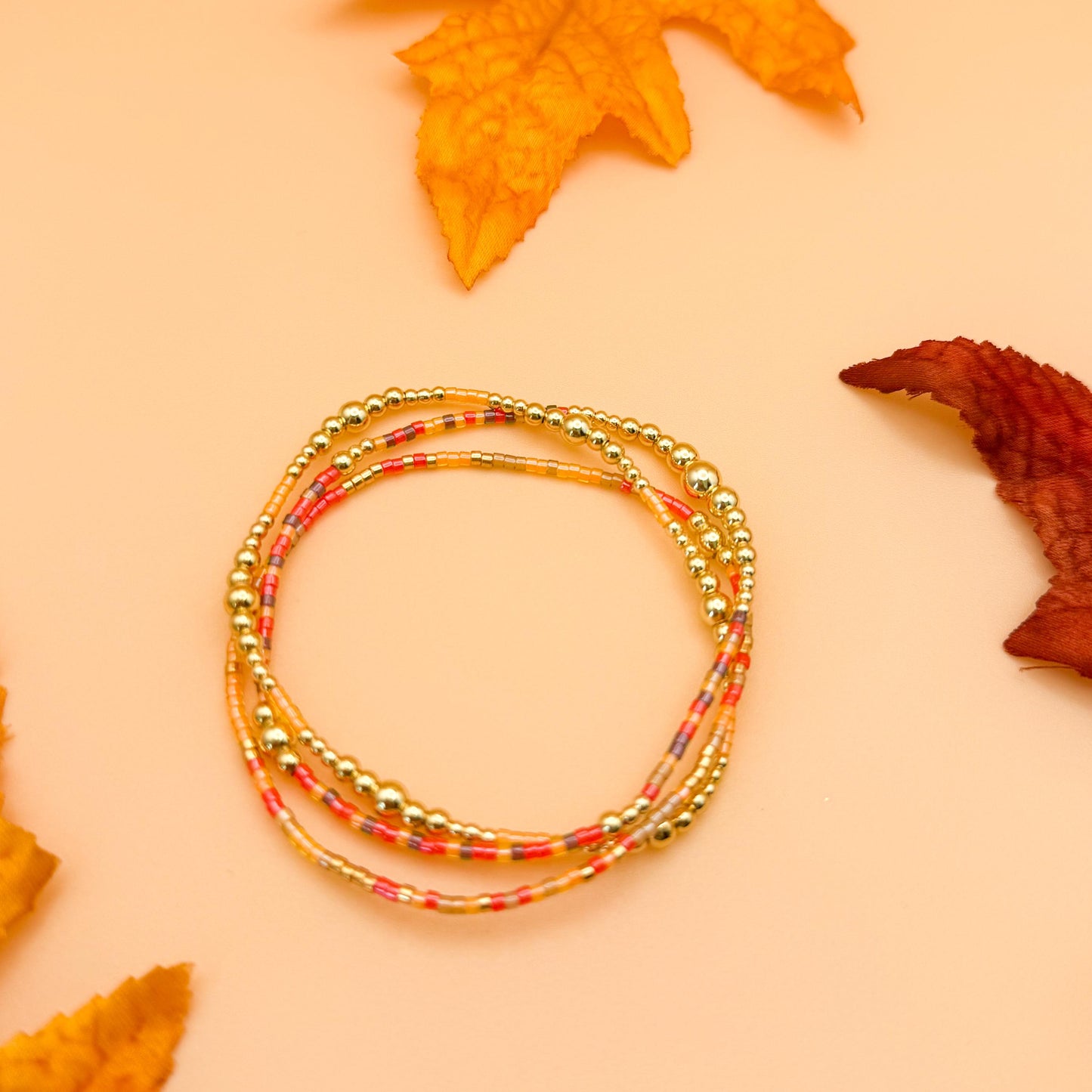 Fall Harvest | 18k gold filled with orange, brown & red bracelet stack | beaded stretch bracelet | tiny bead | seed bead | bracelet set