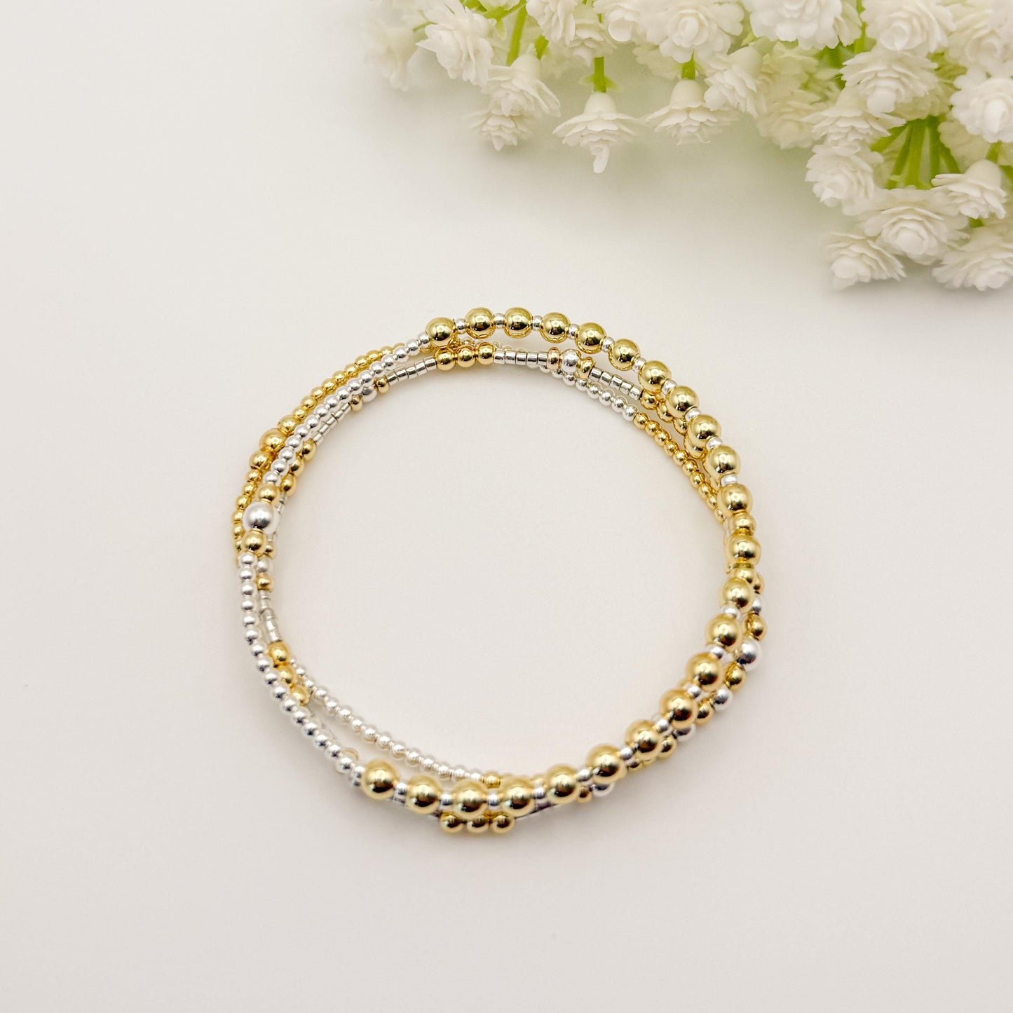 Mixed Metals 2.0 | 18k gold filled with sterling silver and silver seed beads | beaded stretch bracelet | tiny bead bracelet | bracelet set