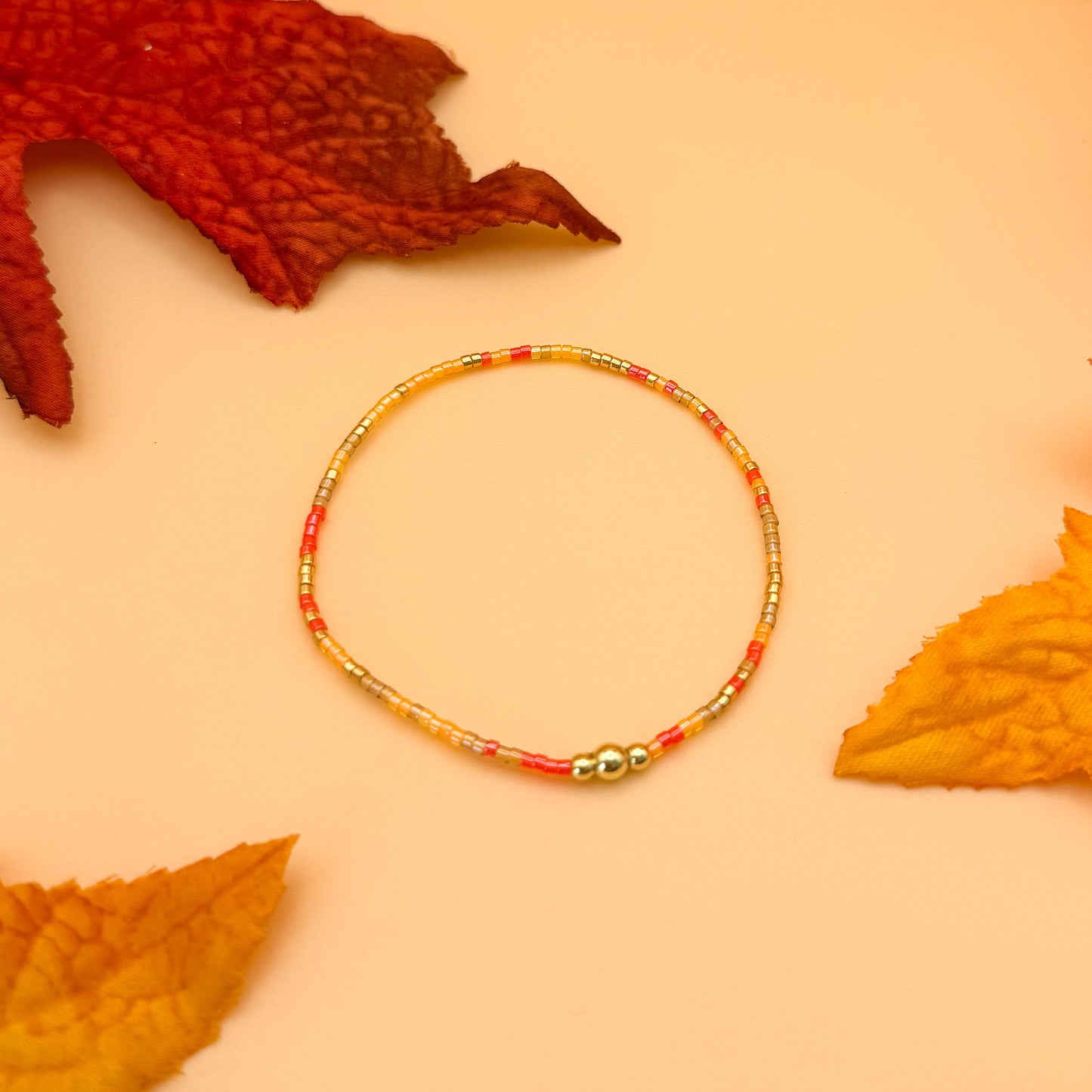 Fall Harvest | 18k gold filled with orange, brown & red bracelet stack | beaded stretch bracelet | tiny bead | seed bead | bracelet set