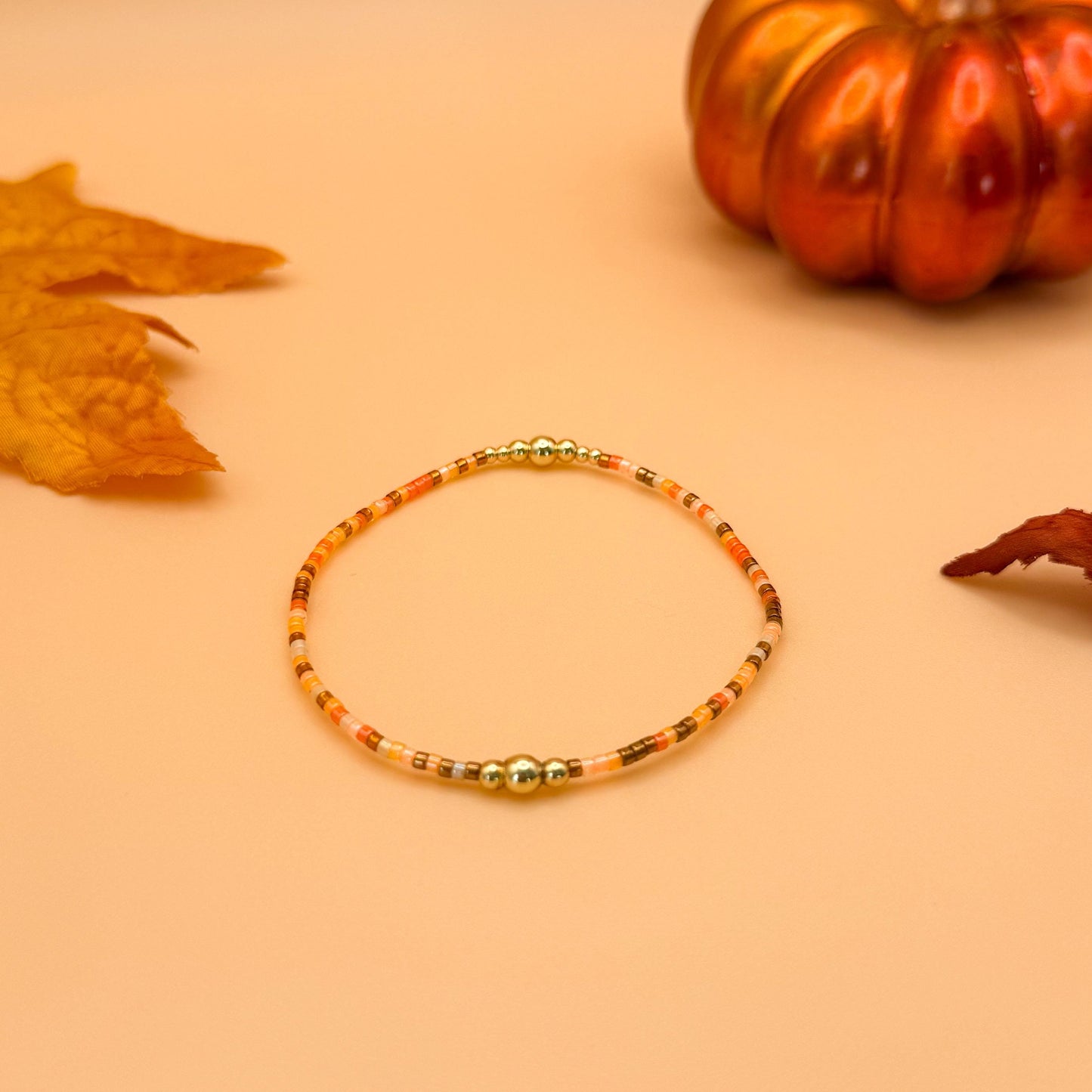 Pumpkin Spice | 18k gold filled with orange and brown bracelet stack | beaded stretch bracelet | tiny bead bracelet | seed bead | autumn