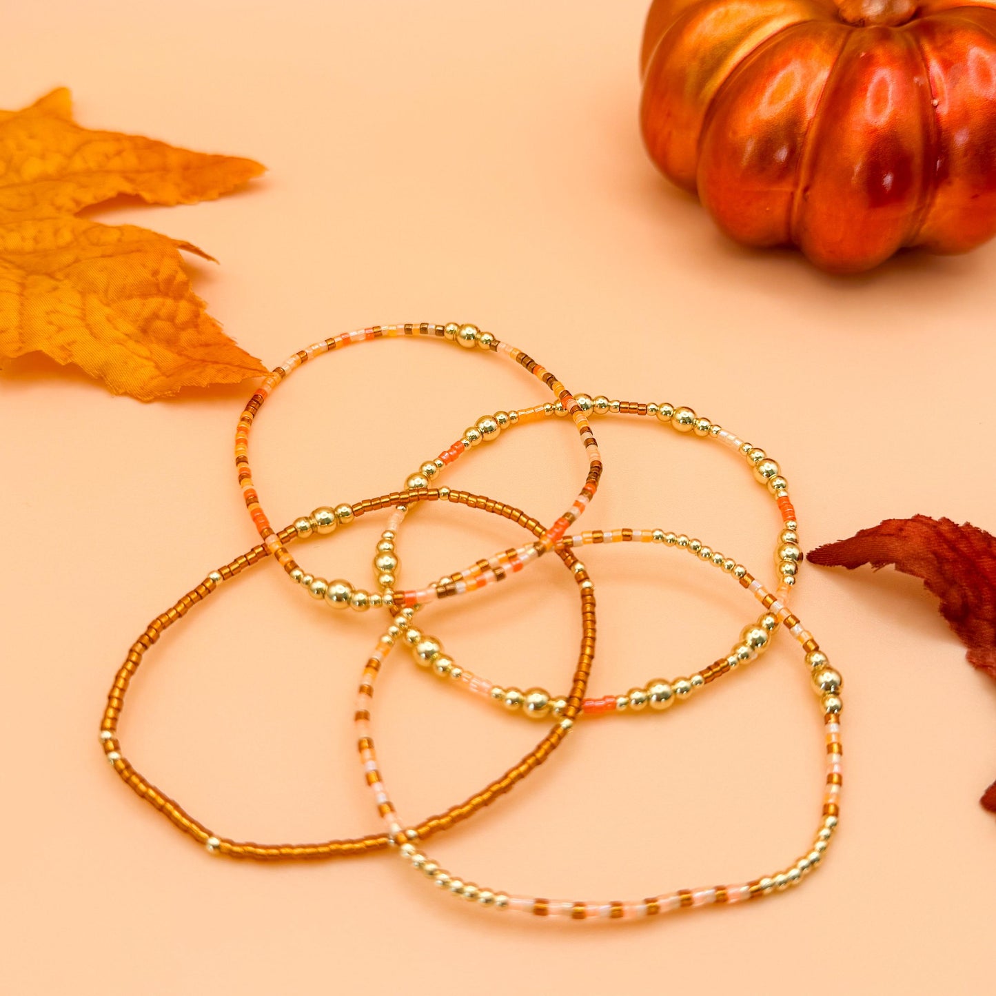 Pumpkin Spice | 18k gold filled with orange and brown bracelet stack | beaded stretch bracelet | tiny bead bracelet | seed bead | autumn