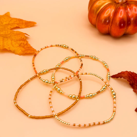 Pumpkin Spice | 18k gold filled with orange and brown bracelet stack | beaded stretch bracelet | tiny bead bracelet | seed bead | autumn