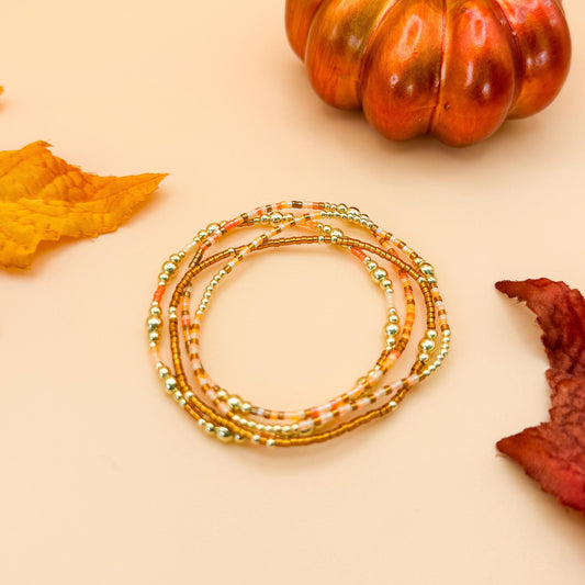Pumpkin Spice | 18k gold filled with orange and brown bracelet stack | beaded stretch bracelet | tiny bead bracelet | seed bead | autumn