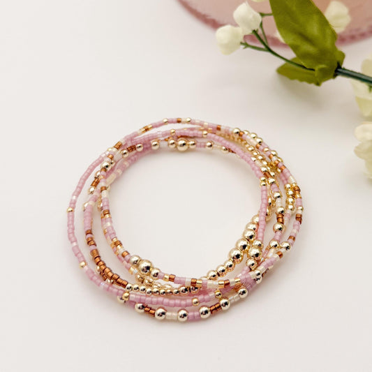 Minimalist | 18k gold filled with pink and brown bracelet stack | beaded stretch bracelet | tiny bead bracelet | seed bead | gift set |cream