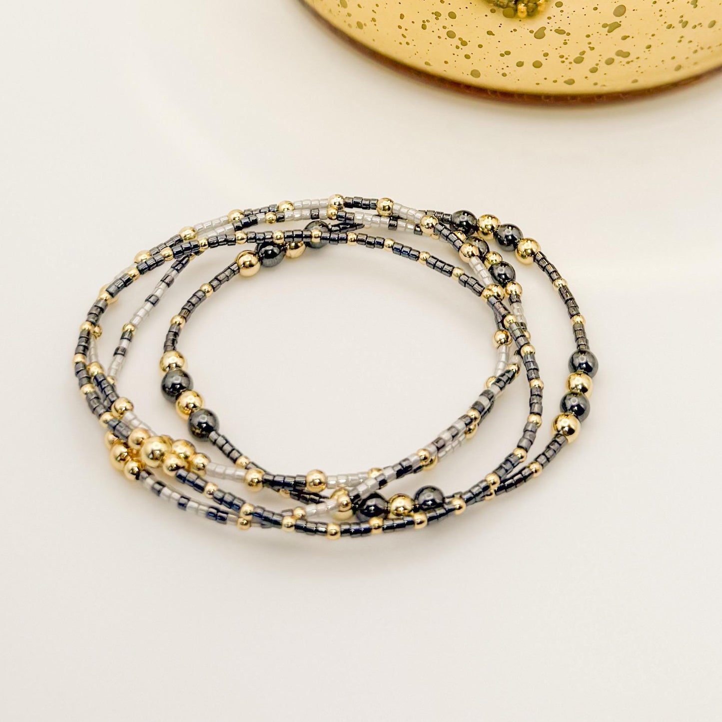 Rocky | 18k gold filled with grey and dark grey bracelet stack | beaded stretch bracelet | tiny bead bracelet | seed bead | gift set