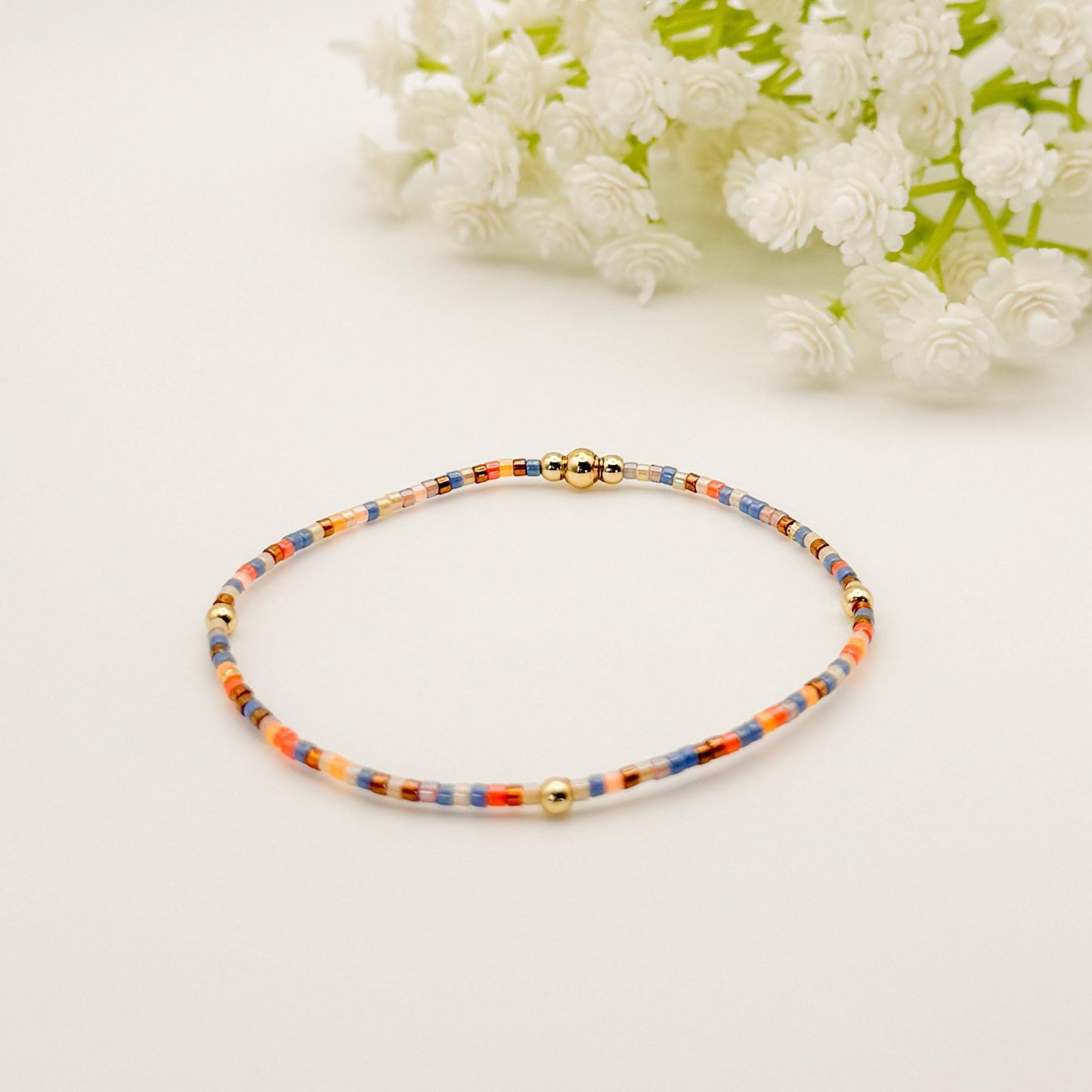Denim | 18k gold filled with orange and blue bracelet stack | beaded stretch bracelet | tiny bead bracelet | seed bead | gift set
