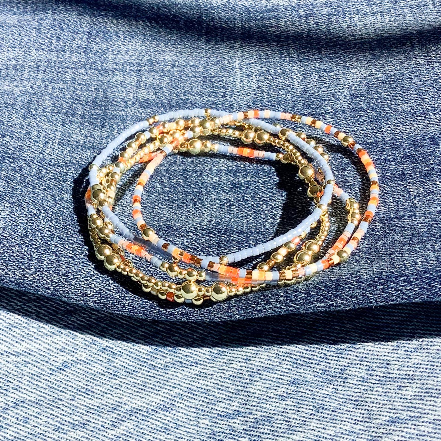 Denim | 18k gold filled with orange and blue bracelet stack | beaded stretch bracelet | tiny bead bracelet | seed bead | gift set