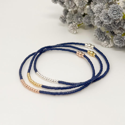 Navy Seed Bead Bracelet: 18k Gold Filled & Sterling Silver