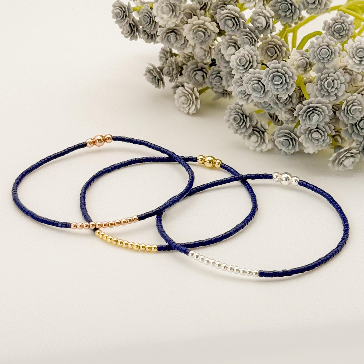Navy 3 tone bracelets | 18k gold filled with sterling silver and Rose gold beads | navy with mixed metals | tiny bead stretch bracelets