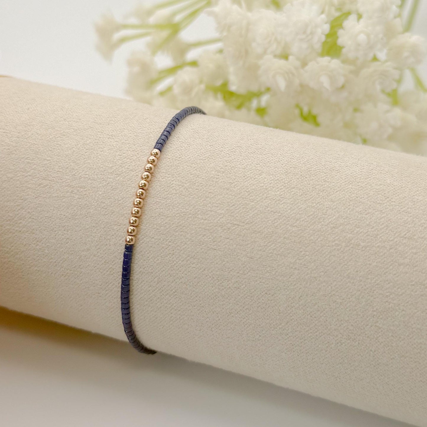 Navy 3 tone bracelets | 18k gold filled with sterling silver and Rose gold beads | navy with mixed metals | tiny bead stretch bracelets