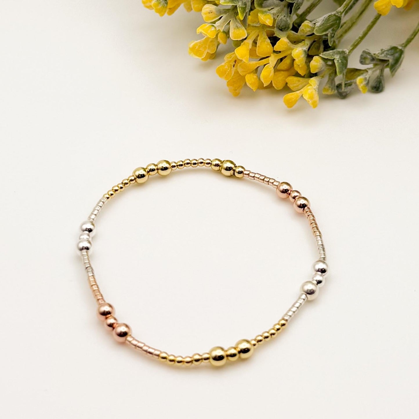 Tri Tone Mixed Metals | 18k gold filled with sterling silver and rose gold filled | beaded stretch bracelet set
