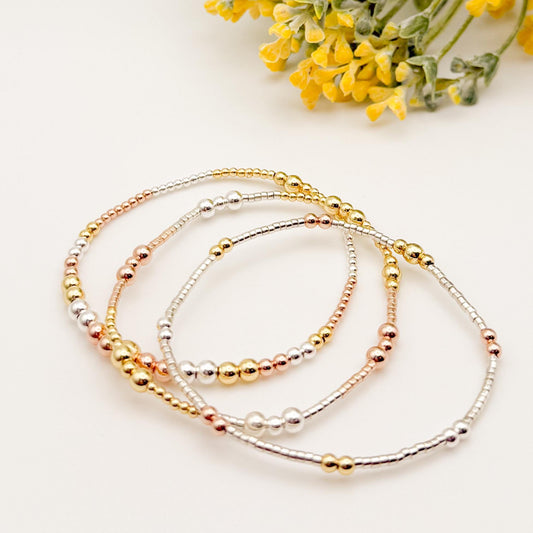 Tri-Tone Beaded Bracelet Set: Sterling Silver, Gold & Rose Gold Filled