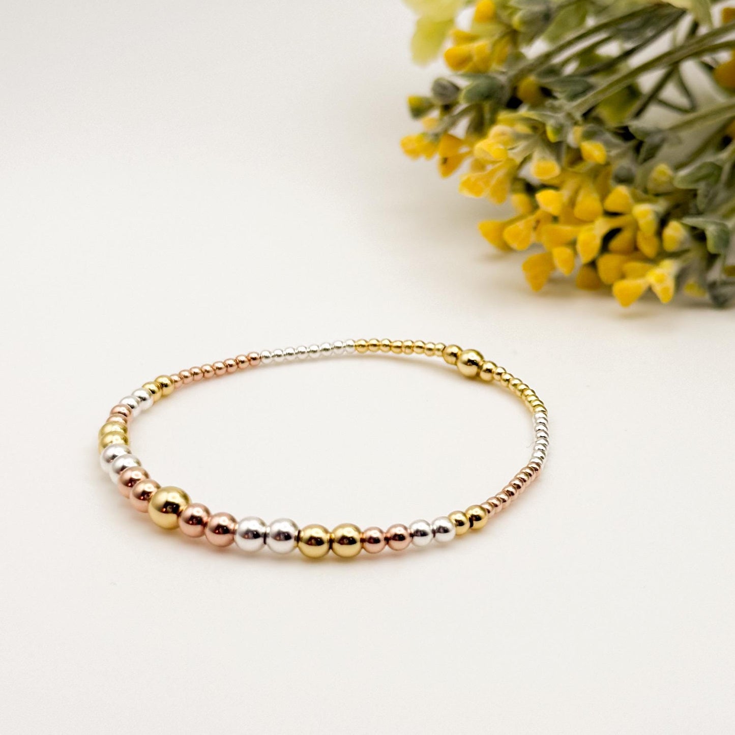 Tri Tone Mixed Metals | 18k gold filled with sterling silver and rose gold filled | beaded stretch bracelet set