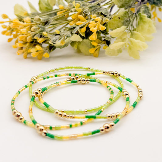 Adventure | 18k gold filled with yellow and green bracelet stack | beaded stretch bracelet | tiny bead bracelet | seed bead | gift set