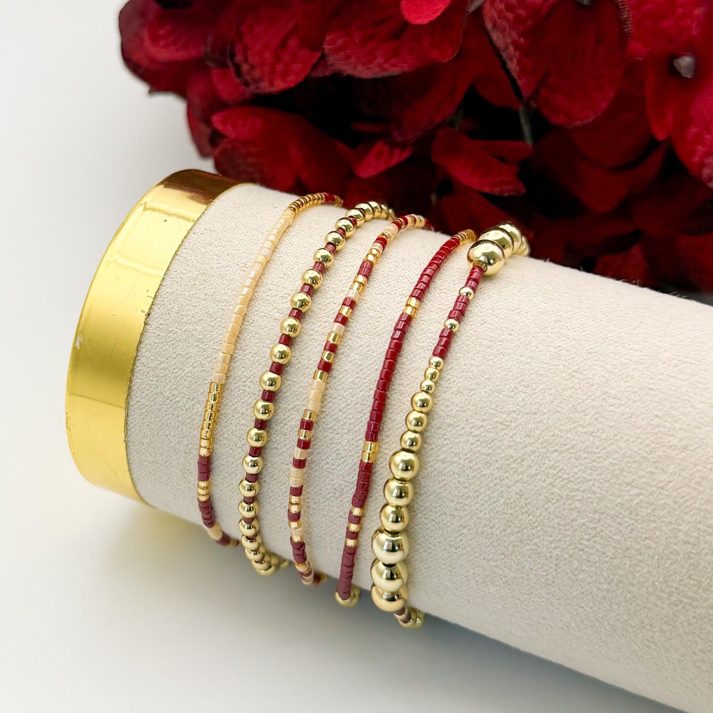 Burgundy | 18k gold filled with maroon and cream bracelet stack | beaded stretch bracelet |