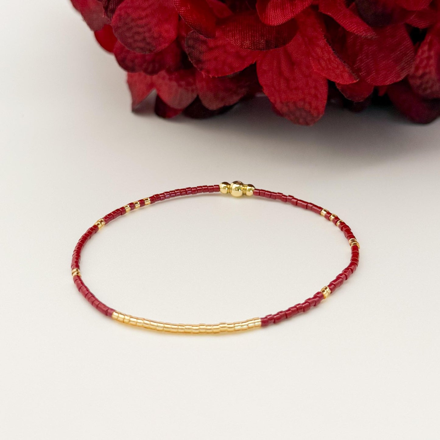 Burgundy | 18k gold filled with maroon and cream bracelet stack | beaded stretch bracelet |
