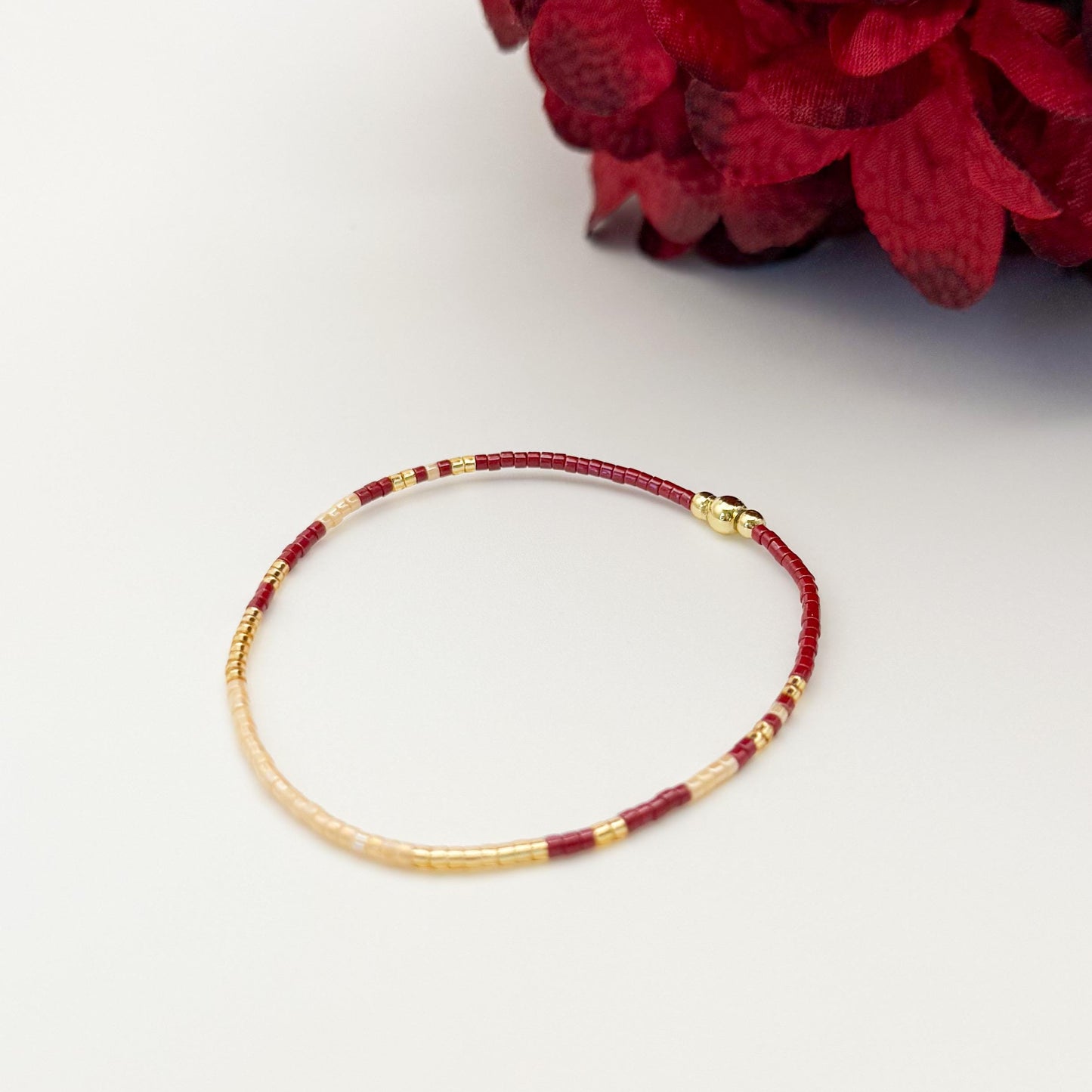 Burgundy | 18k gold filled with maroon and cream bracelet stack | beaded stretch bracelet |