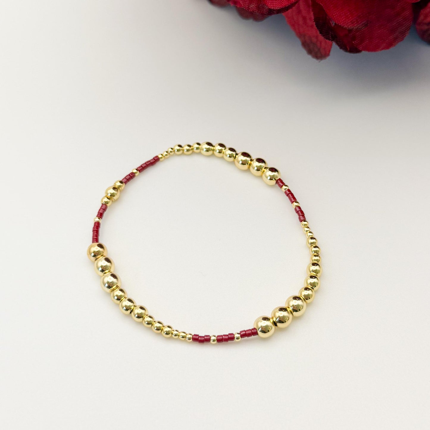 Burgundy | 18k gold filled with maroon and cream bracelet stack | beaded stretch bracelet |
