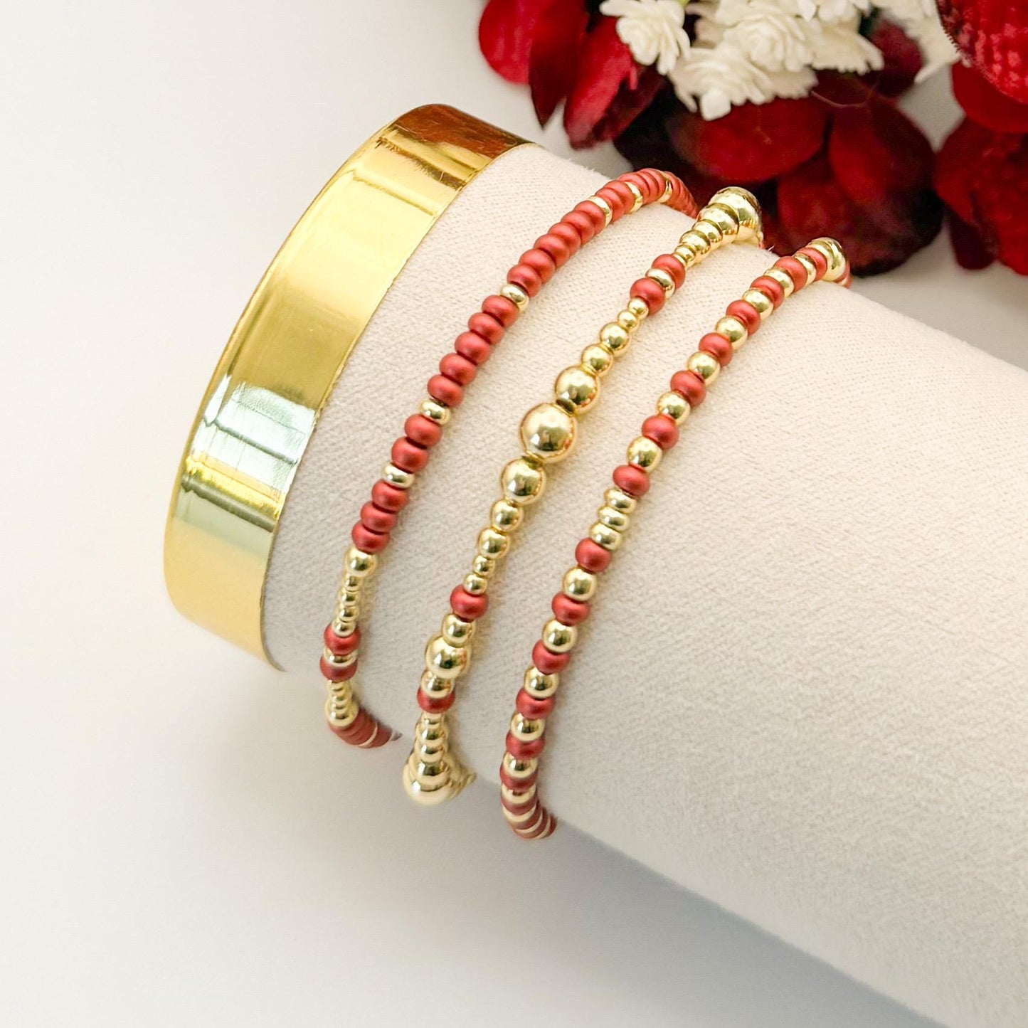 Crimson Glow | 18k gold filled with coral-red/ crimson bracelet stack | beaded stretch bracelet | 3 piece bracelet set