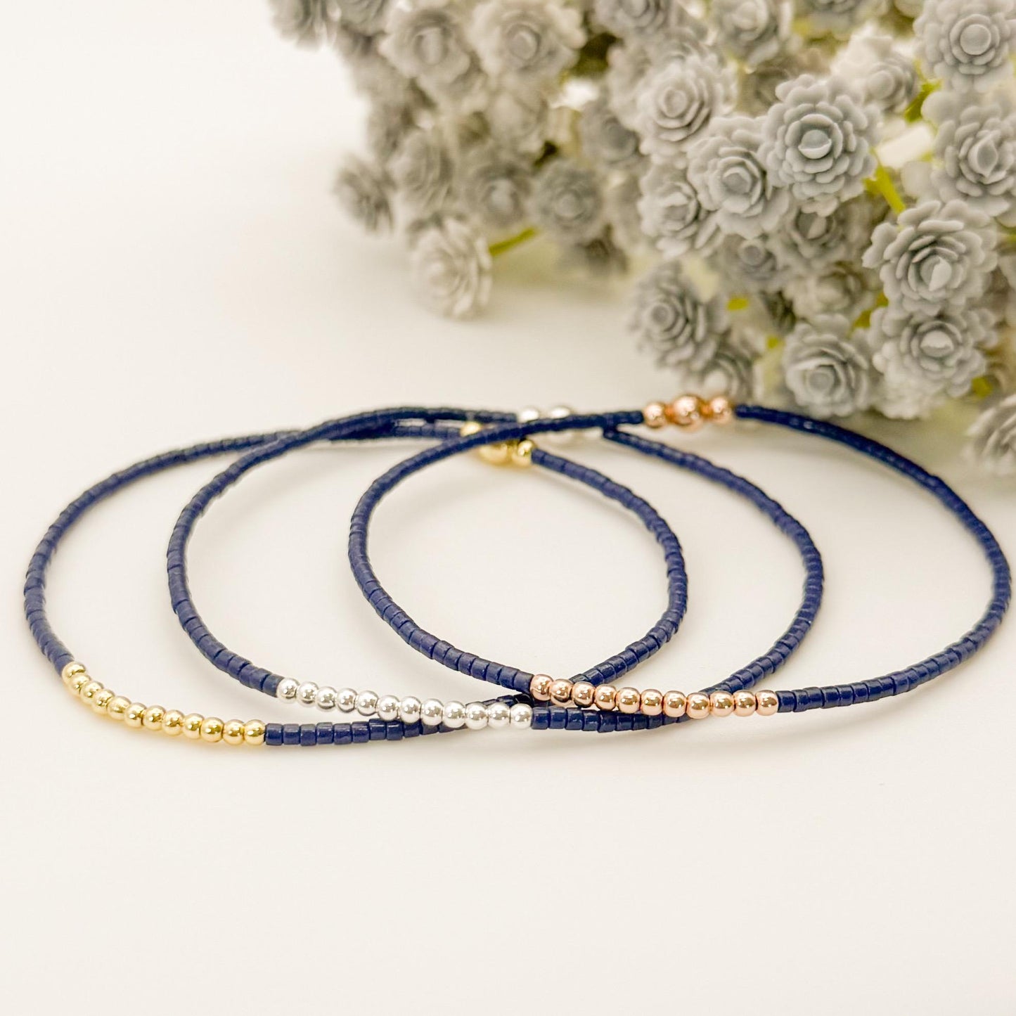 Navy 3 tone bracelets | 18k gold filled with sterling silver and Rose gold beads | navy with mixed metals | tiny bead stretch bracelets