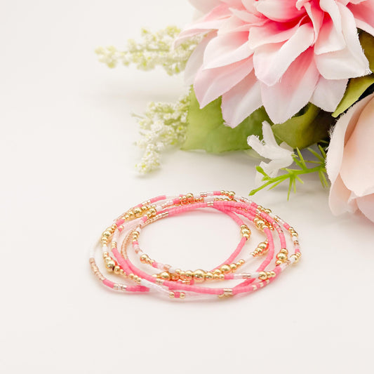 Pretty & Pink | 18k gold filled with pink and white bracelet stack | beaded stretch bracelet | tiny bead bracelet | seed bead | gift set