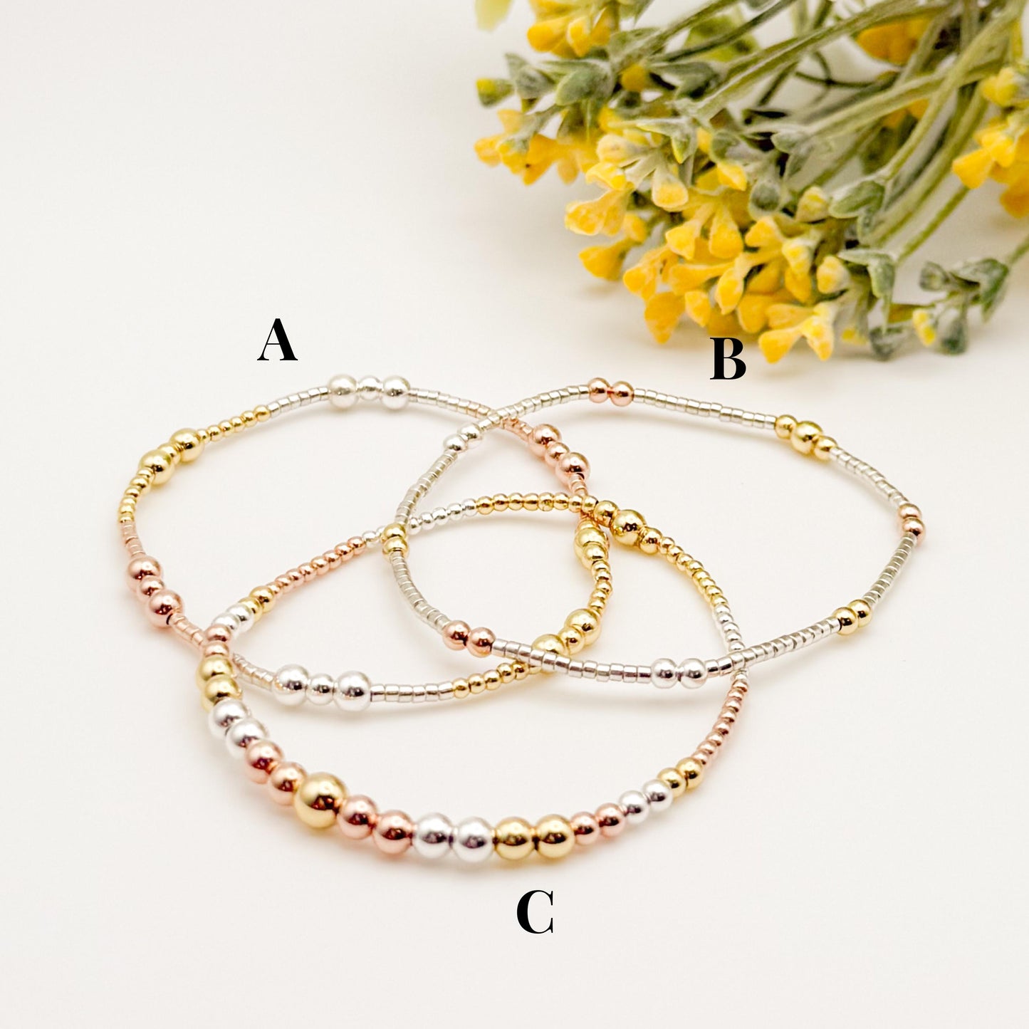 Tri Tone Mixed Metals | 18k gold filled with sterling silver and rose gold filled | beaded stretch bracelet set