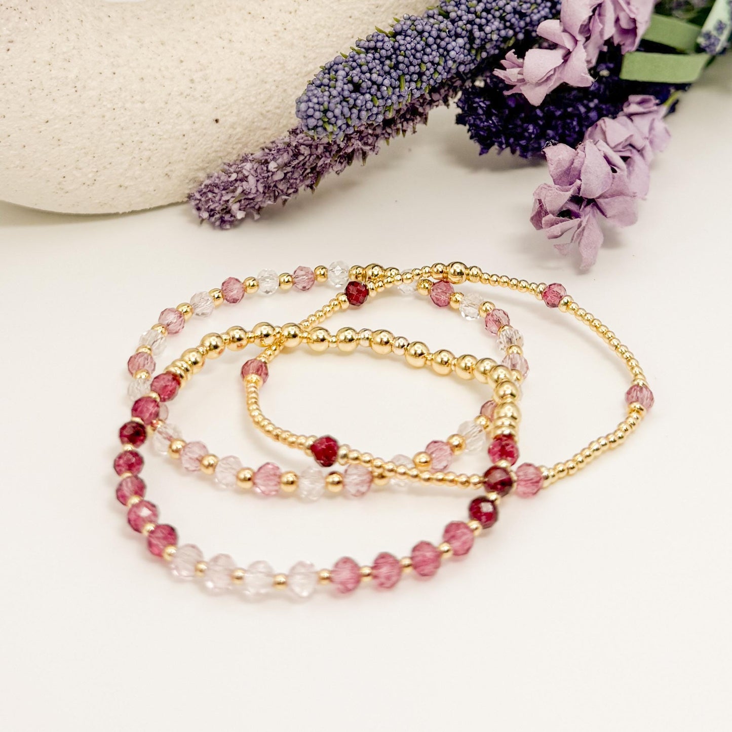 Blush | 18k gold filled with deep pink and purple crystal beads | beaded stretch bracelet  | bracelet set | gift set | layering bracelets