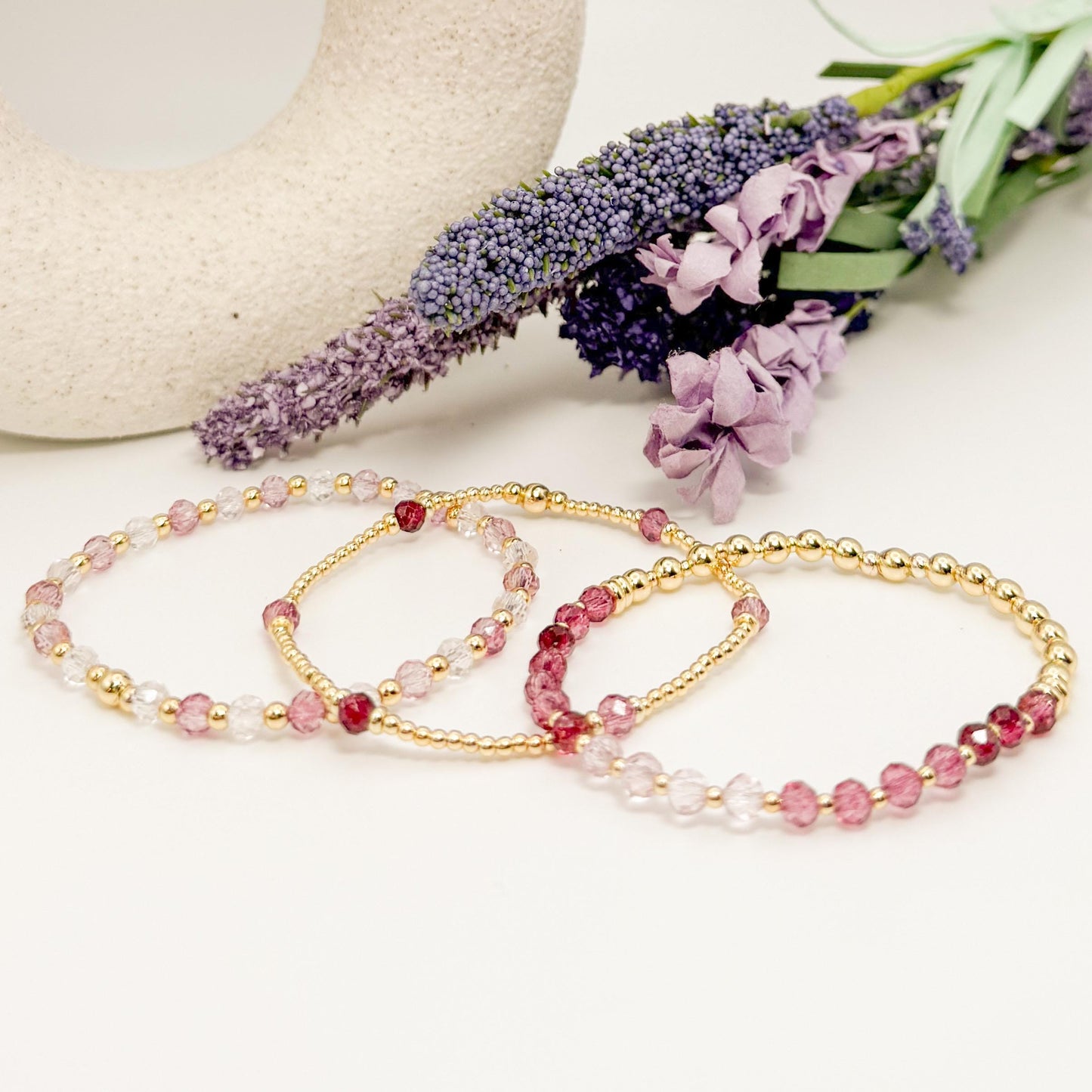 Blush | 18k gold filled with deep pink and purple crystal beads | beaded stretch bracelet  | bracelet set | gift set | layering bracelets