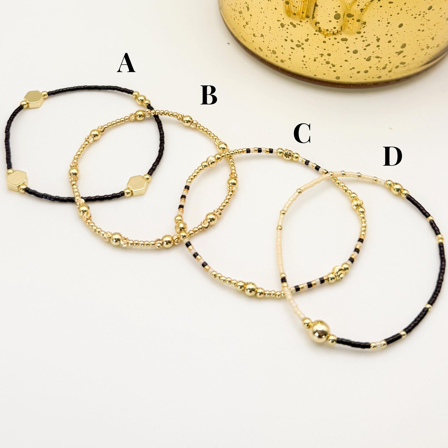 Midnight Glow | 18k gold filled with black and cream bracelet stack | beaded stretch bracelet | tiny bead bracelet | seed bead | holiday