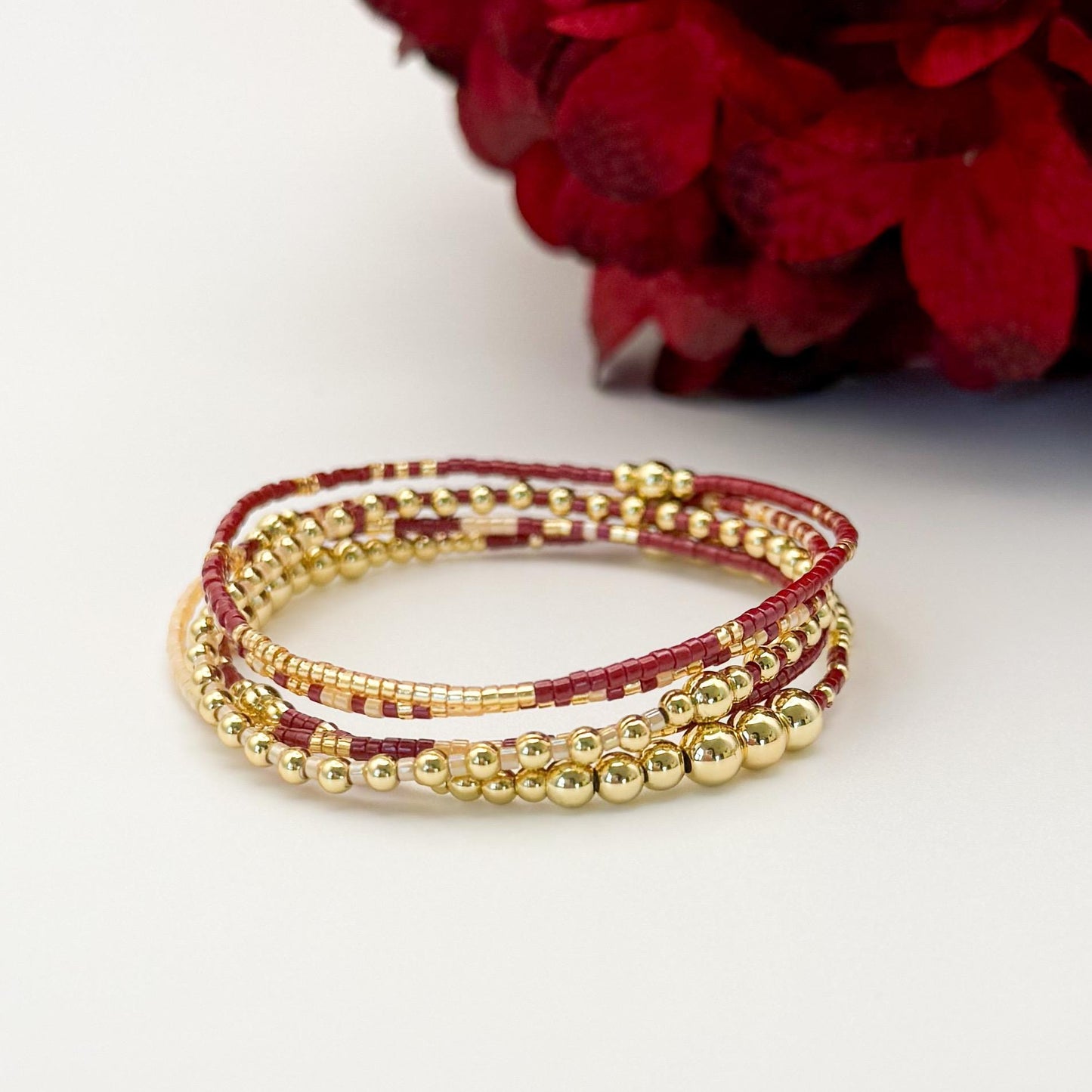 Burgundy | 18k gold filled with maroon and cream bracelet stack | beaded stretch bracelet |