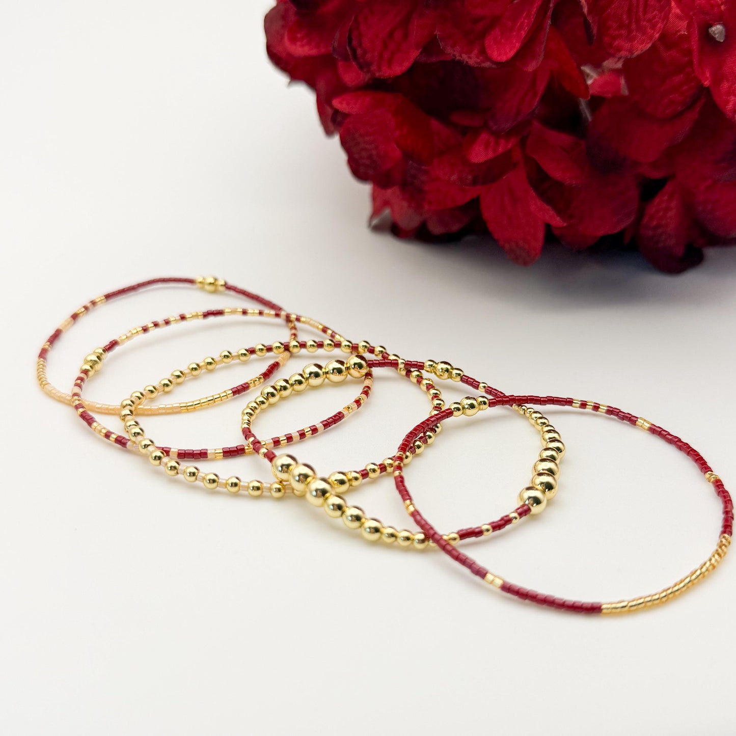 Burgundy | 18k gold filled with maroon and cream bracelet stack | beaded stretch bracelet |