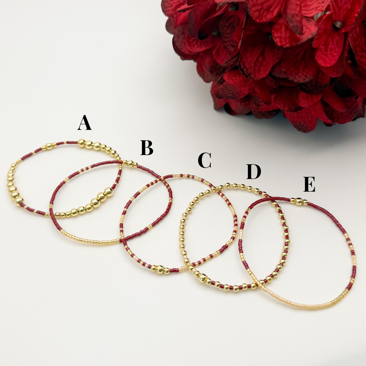 Burgundy | 18k gold filled with maroon and cream bracelet stack | beaded stretch bracelet |