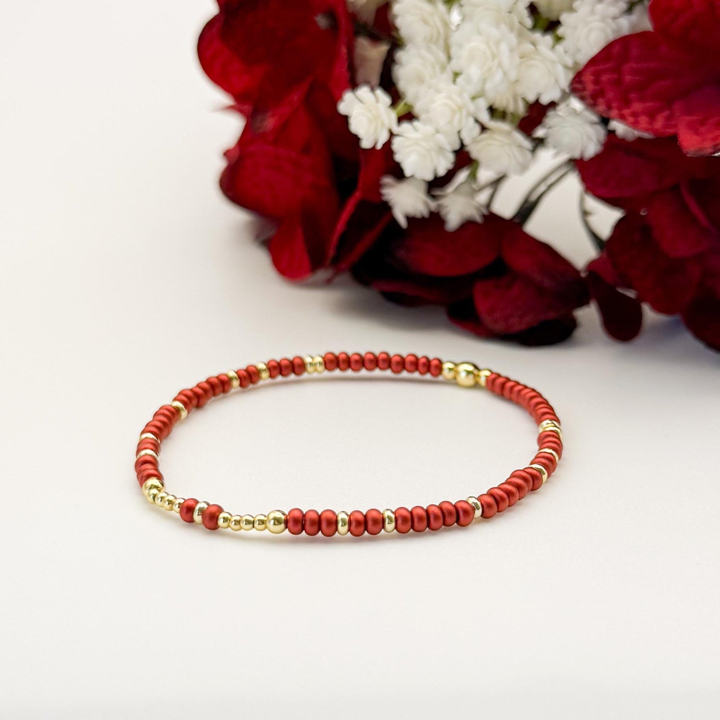 Crimson Glow | 18k gold filled with coral-red/ crimson bracelet stack | beaded stretch bracelet | 3 piece bracelet set