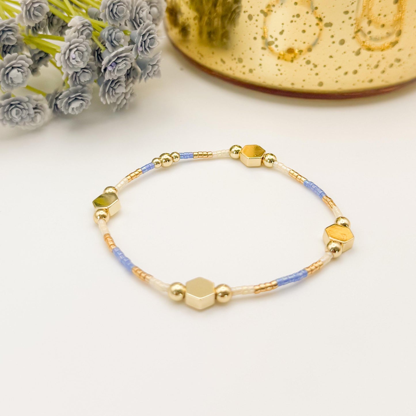Cloud | 18k gold filled with sapphire blue and cream bracelet stack | beaded stretch bracelet | tiny bead bracelet | seed bead | gift set