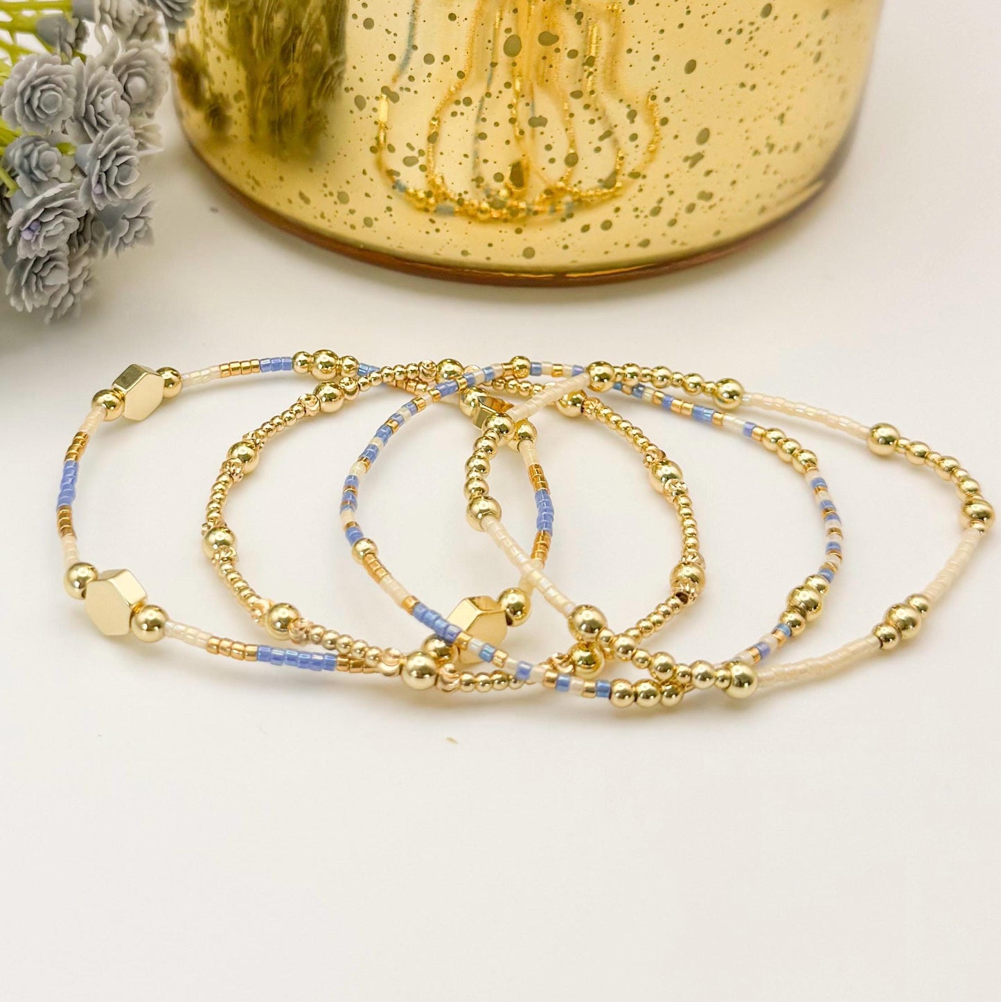 Cloud | 18k gold filled with sapphire blue and cream bracelet stack | beaded stretch bracelet | tiny bead bracelet | seed bead | gift set